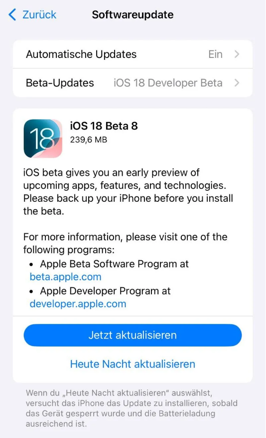 华蓥苹果手机维修分享苹果 iOS / iPadOS 18 开发者预览版 Beta 8 发布 